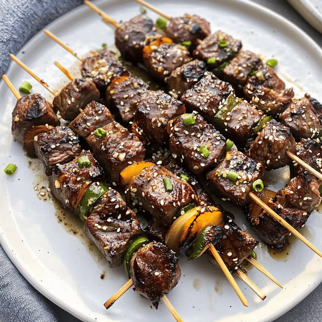 These Asian Garlic Steak Skewers are the perfect blend of tender beef and zesty marinade, featuring soy sauce, garlic, and a hint of sesame. Grill them for a quick weeknight dinner or a fun weekend barbecue! Save this recipe now for your next gathering or family meal—they're sure to be a crowd favorite!
