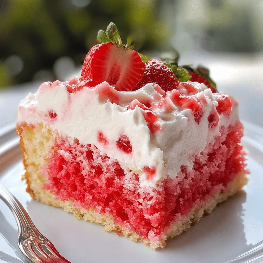 Treat yourself to a delightful Strawberry Poke Cake that's sure to impress! This easy dessert features layers of luscious strawberry flavor and a moist cake base, perfect for any gathering or celebration. Top it off with whipped cream and fresh strawberries for that extra special touch. Save this recipe and make it for your next picnic or family get-together!