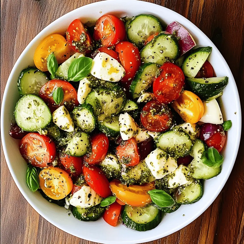 Brighten up your meal with this delicious Tomato Cucumber Salad! Bursting with ripe tomatoes, crunchy cucumbers, creamy avocado, and fresh mozzarella, all tossed in a flavorful basil pesto. Perfect as a refreshing side dish for summer barbecues or a light lunch option. Save this recipe to enjoy crisp, tasty goodness anytime!