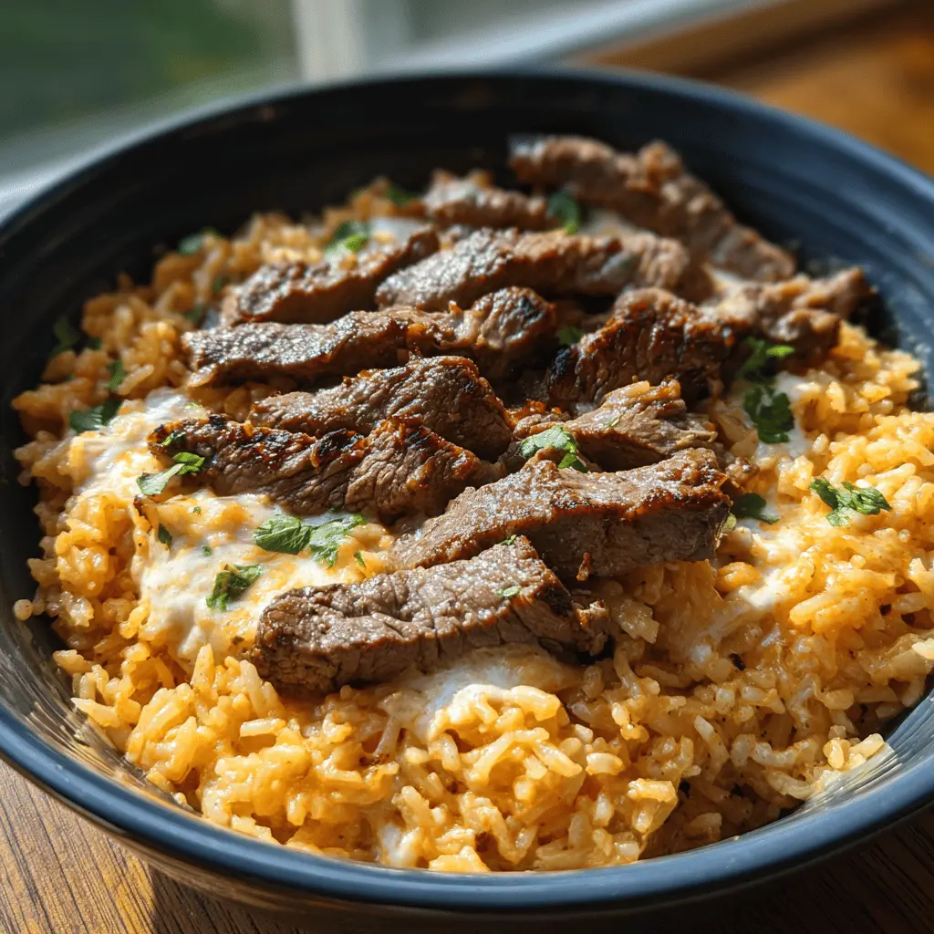 Creamy Queso Rice with Tender Steak Strips