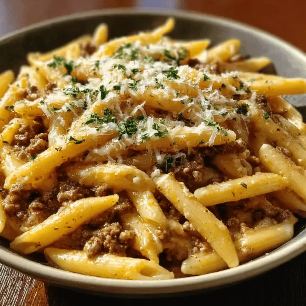 Cheesy Penne with Garlic Butter Beef Dinner