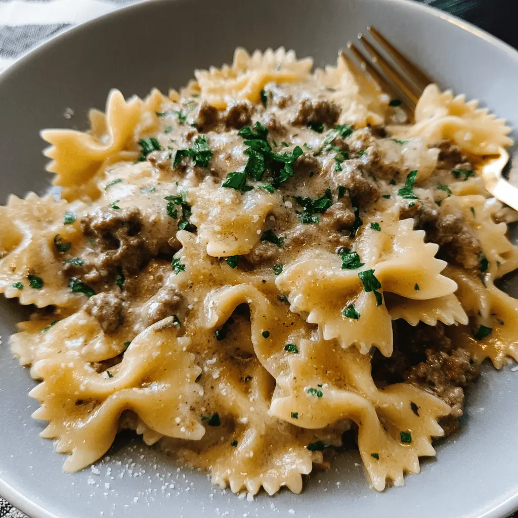 Creamy Garlic Parmesan Bowtie Pasta with Beef