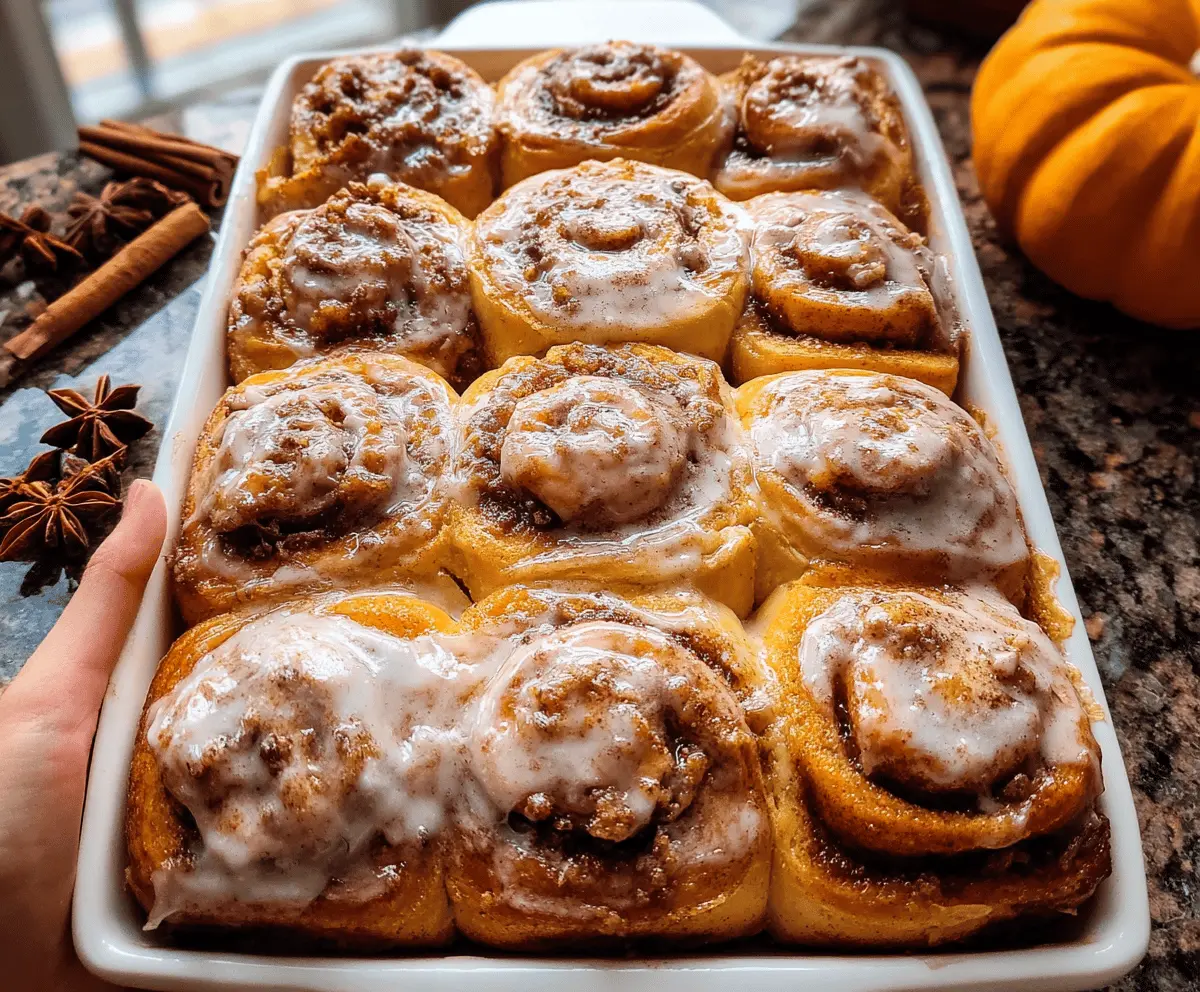 Fluffy Pumpkin Cinnamon Rolls with Cream Cheese Frosting — swirled, pillowy, and glazed