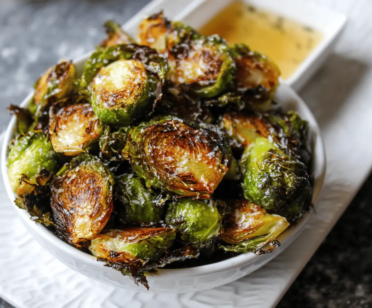 Crispy roasted Brussels sprouts cooked in an air fryer, garnished with olive oil and seasoning, perfect for a healthy snack or side dish.