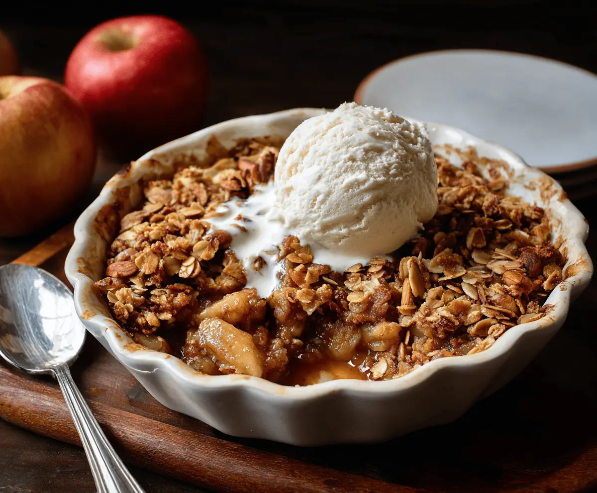 Delicious homemade Almond Apple Crisp topped with golden almonds and cinnamon, served in a rustic dish ready to enjoy.