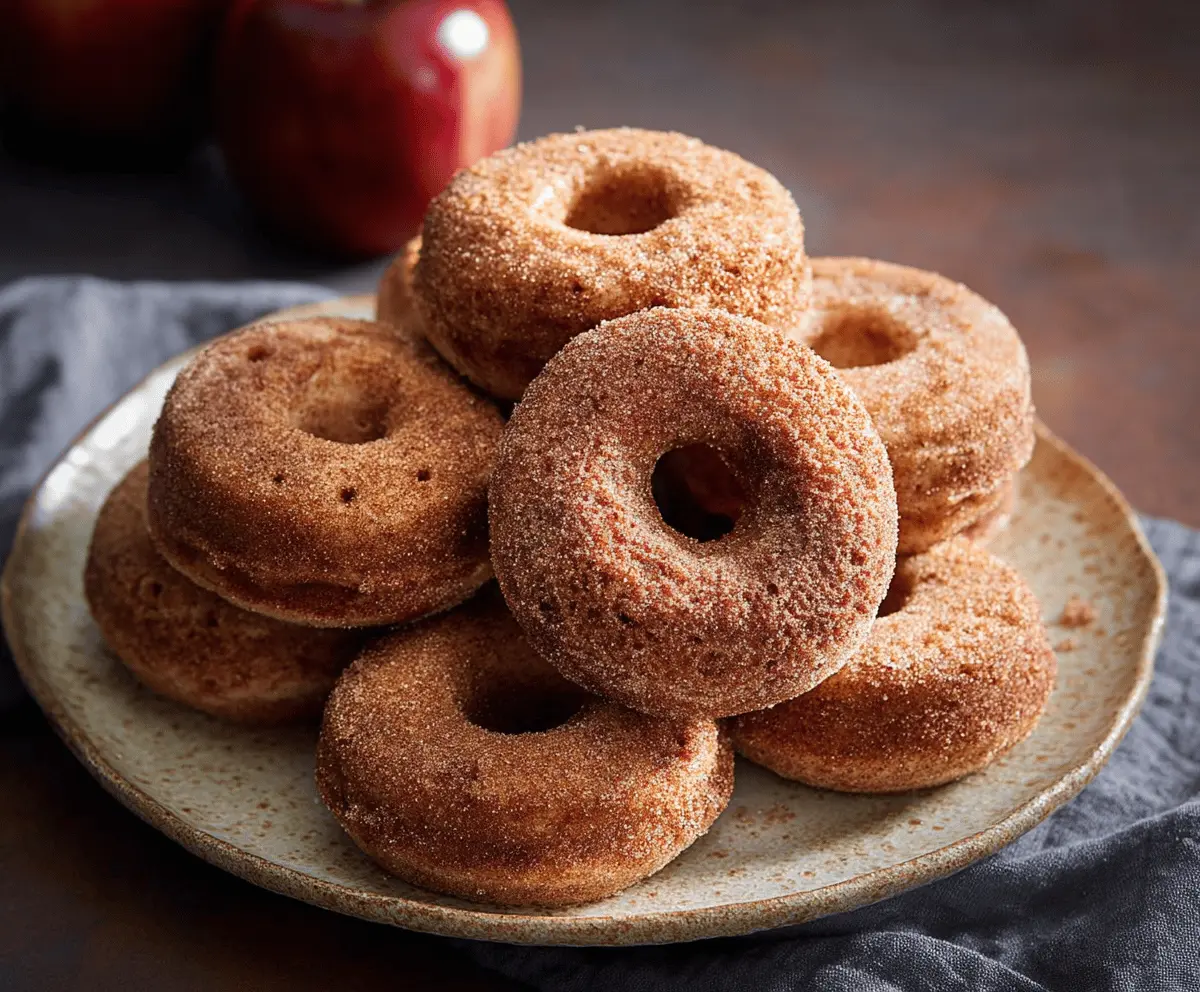 Freshly made apple cider donuts coated with cinnamon sugar on a rustic wooden surface, perfect for fall treats.