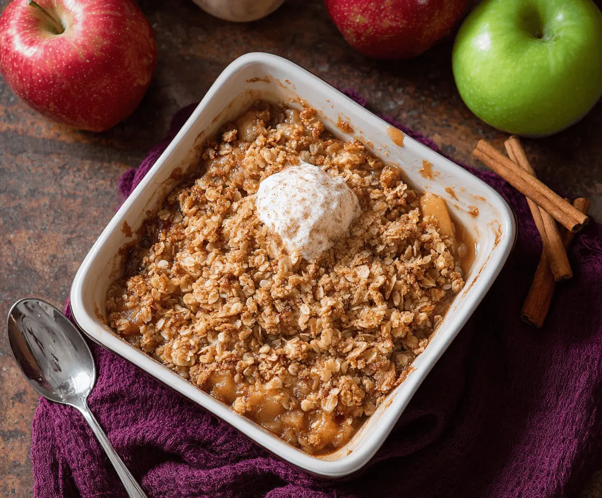 Delicious apple crisp topped with a golden apple cider glaze, served in a rustic dish, perfect for cozy fall desserts