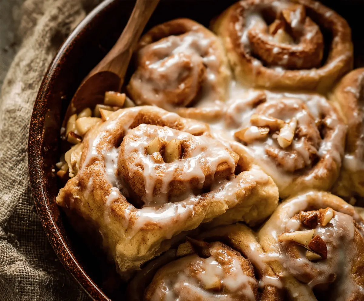 Delicious homemade apple cinnamon rolls topped with icing, showcasing a warm, inviting breakfast treat with fresh apple slices and cinnamon swirl.