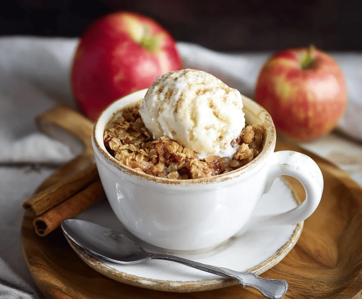 Delicious homemade Apple Crisp in a mug topped with golden oats and cinnamon, perfect for a cozy dessert or snack.