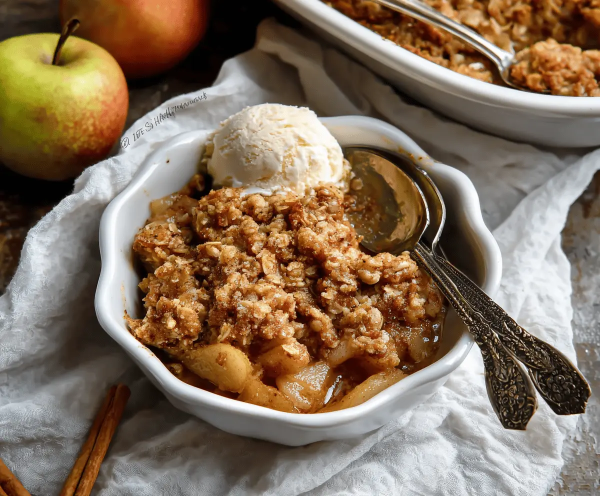 Delicious homemade Apple Pear Crisp topped with golden brown crust, served in a rustic bowl with fresh apple and pear slices on a wooden table.