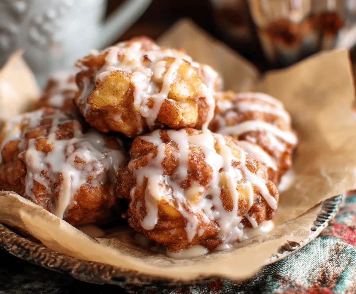 Delicious baked apple fritters drizzled with sweet glaze, served on a plate, perfect for a tasty dessert or breakfast treat