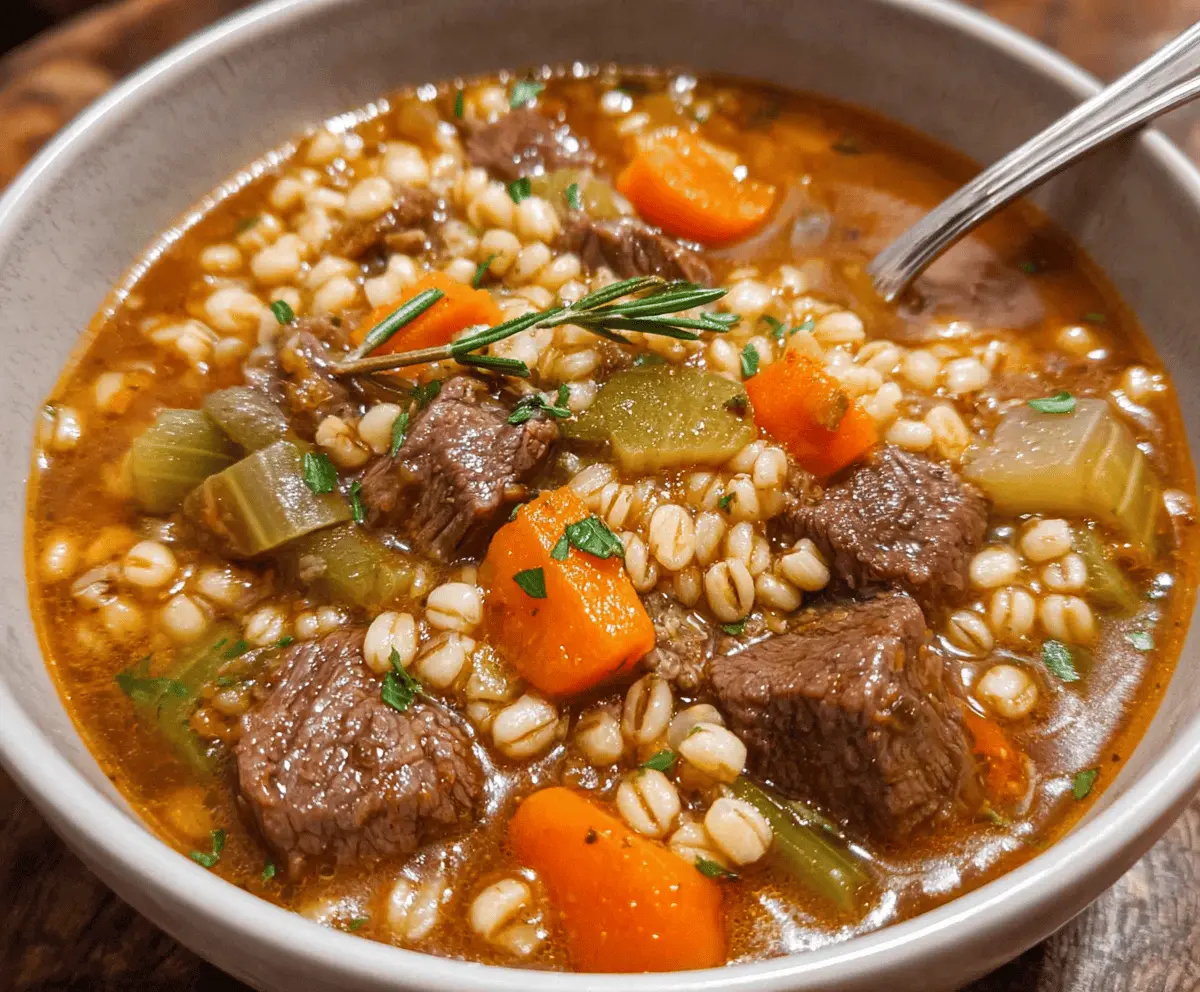 Hearty beef and barley soup with tender beef chunks, fresh vegetables, and fluffy barley in a steaming bowl, perfect for a comforting meal.
