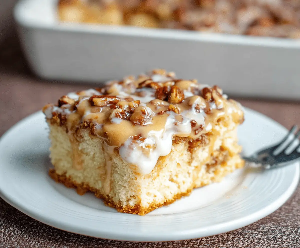 Delicious Butter Pecan Praline Poke Cake topped with whipped cream and caramel pecans, perfect for dessert lovers.