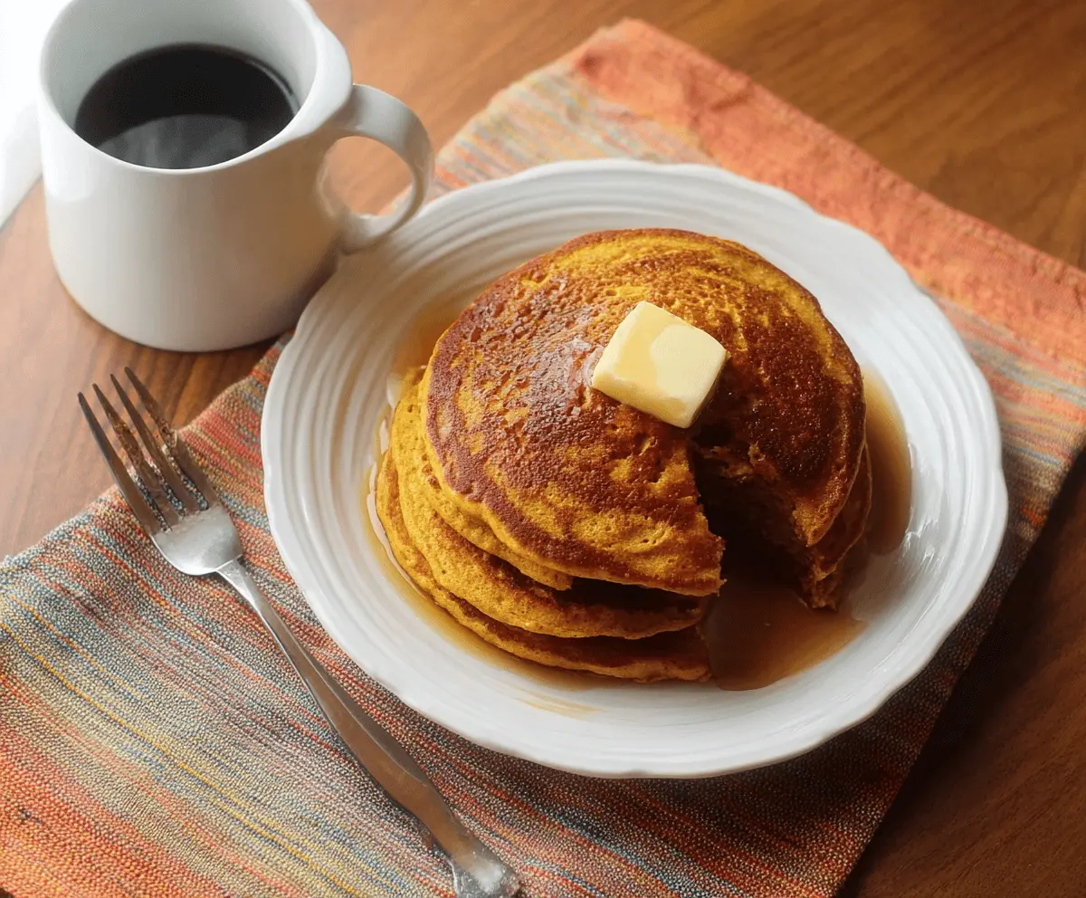 Fluffy homemade buttermilk pumpkin pancakes topped with maple syrup and autumn spices on a rustic plate