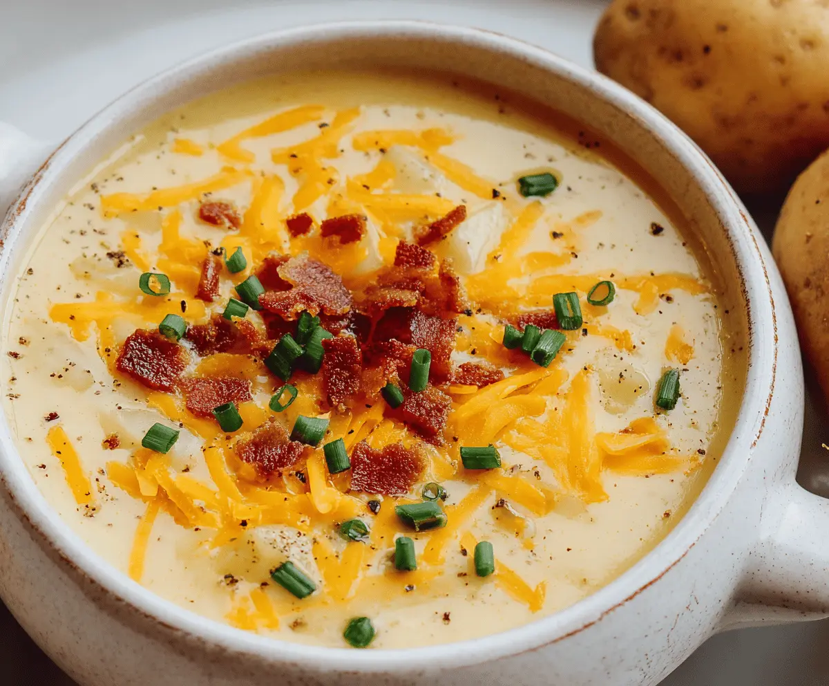 Creamy cheesy potato soup garnished with shredded cheese and chopped herbs in a bowl on a rustic wooden table.