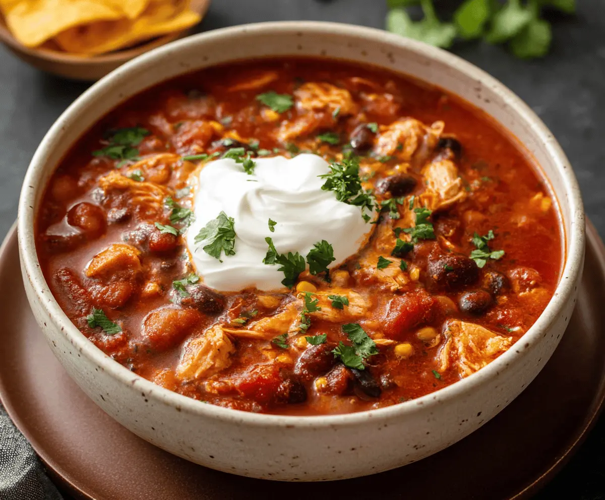 Delicious homemade chicken chili with beans and spices served in a bowl, garnished with fresh herbs, perfect for a hearty and flavorful meal.