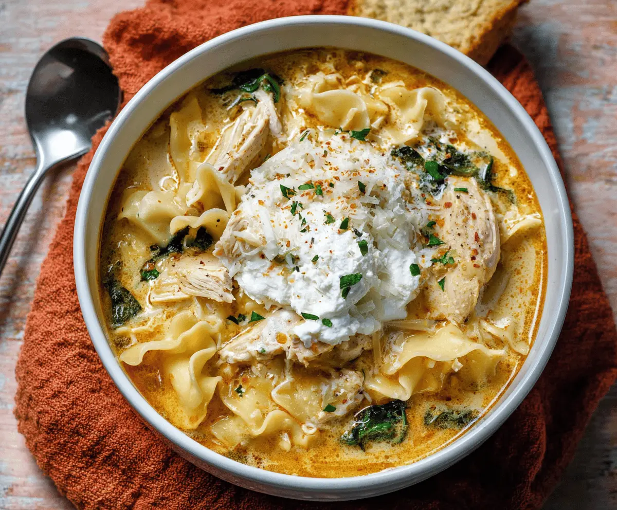 Creamy Chicken Lasagna Soup with melted cheese, seasoned chicken, pasta, and fresh herbs in a bowl, perfect for cozy meals.