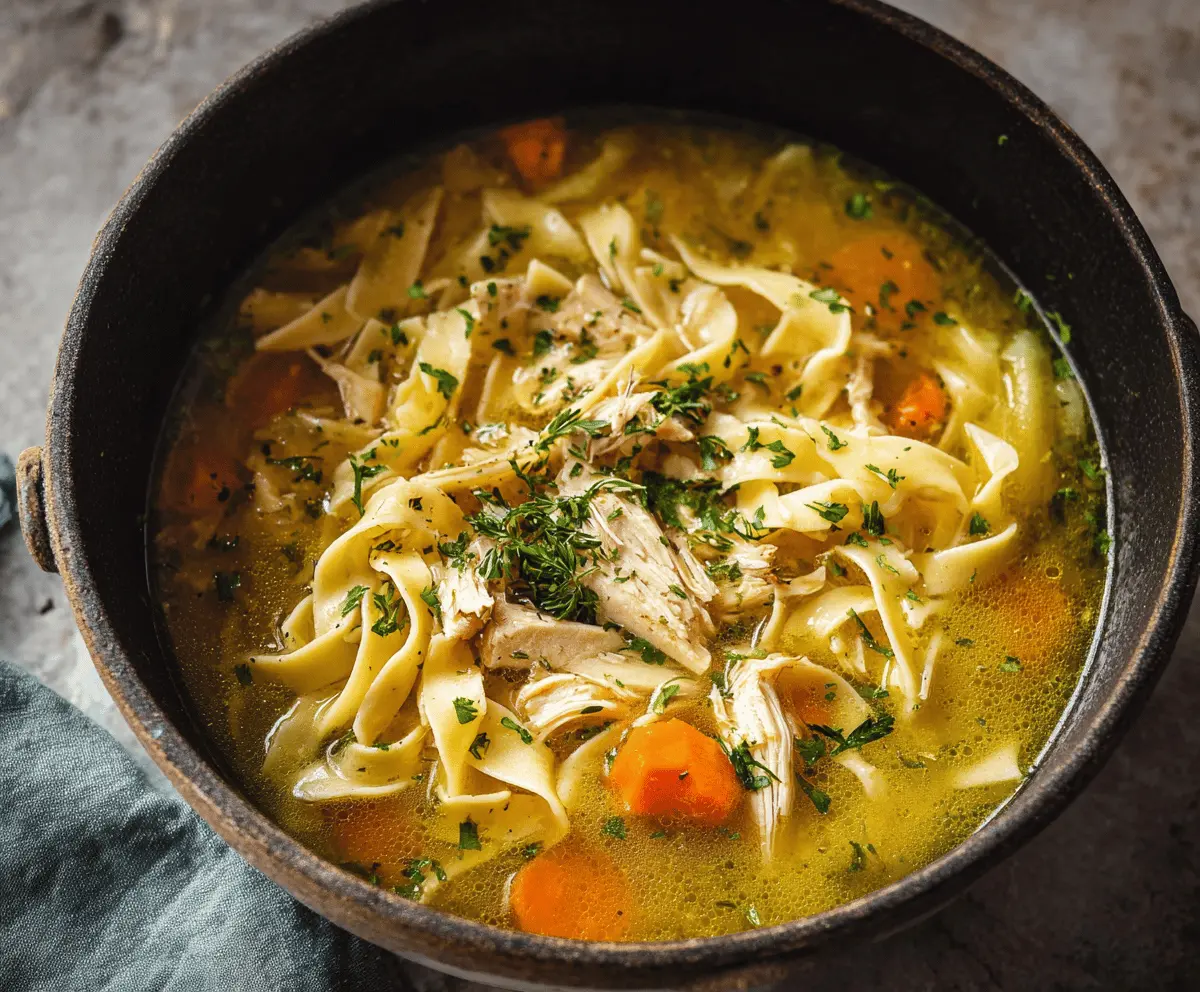 A steaming bowl of homemade chicken noodle soup with tender chicken, fresh vegetables, and hearty noodles served in a white bowl on a rustic wooden table.