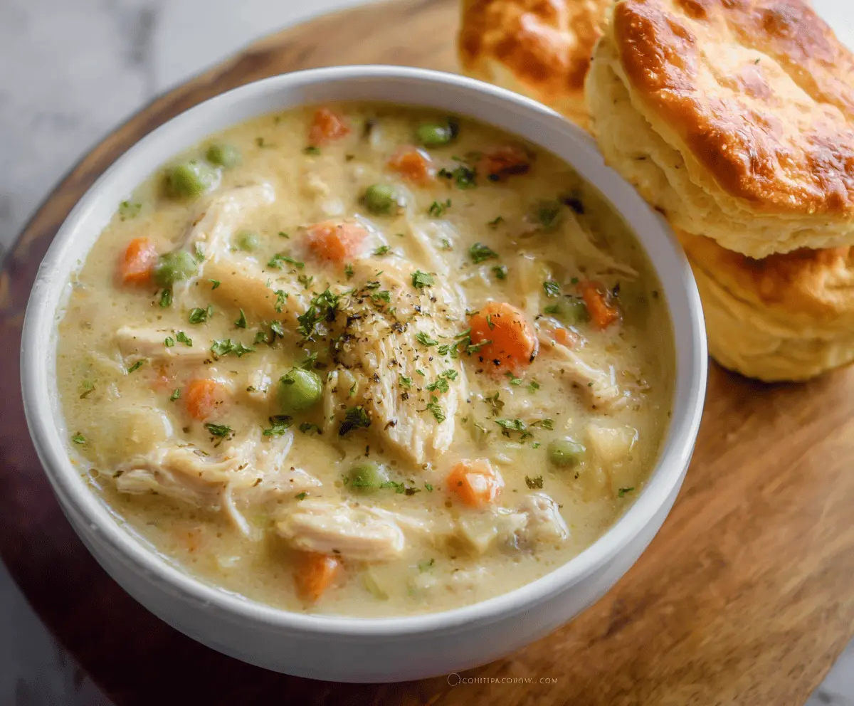 Creamy chicken pot pie soup topped with golden-brown crust and fresh herbs in a bowl, perfect for comforting meals