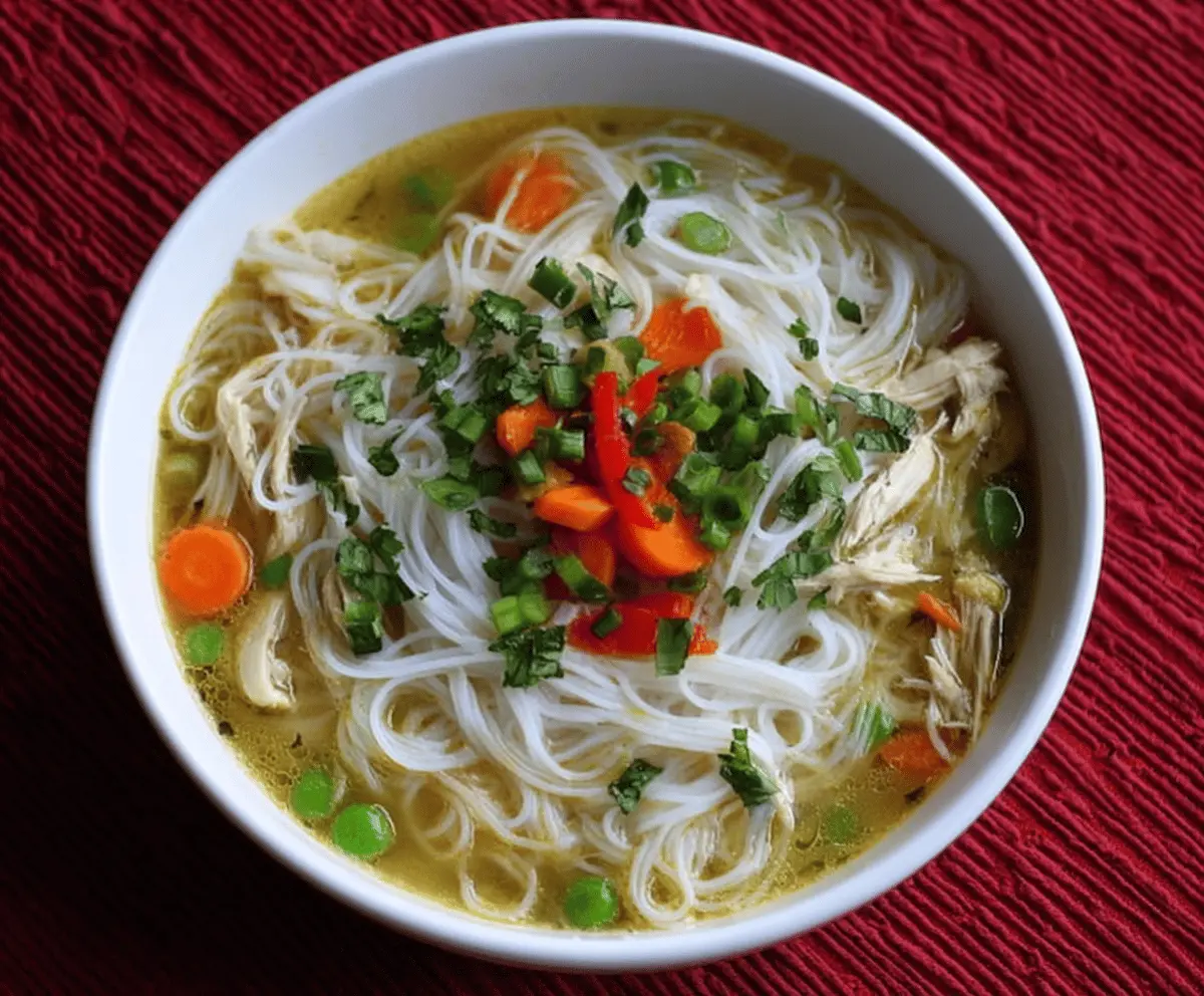 A steaming bowl of Chicken Rice Noodle Soup topped with fresh herbs, vegetables, and tender chicken pieces, served in a clear broth for a flavorful and comforting meal.