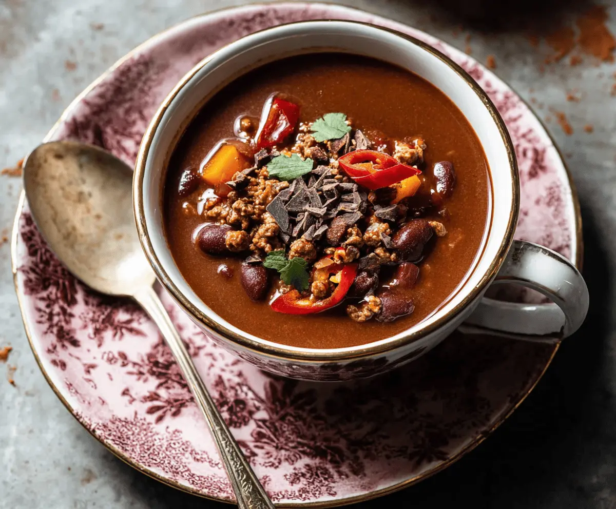 Rich and spicy chocolate chili in a bowl topped with shredded cheese and fresh herbs, served alongside cornbread