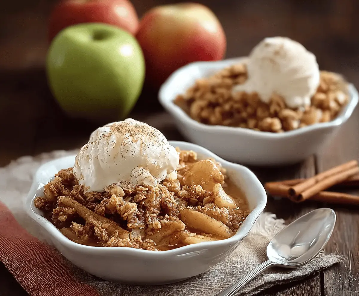 Delicious cinnamon apple crisp topped with golden brown crust and fresh apple slices, served in a baking dish, perfect for a cozy dessert
