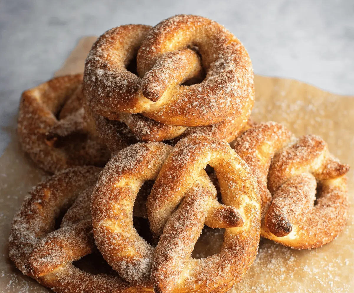 Golden-brown cinnamon sugar soft pretzels sprinkled with cinnamon sugar, served on a rustic wooden surface with a dipping bowl of warm caramel sauce.