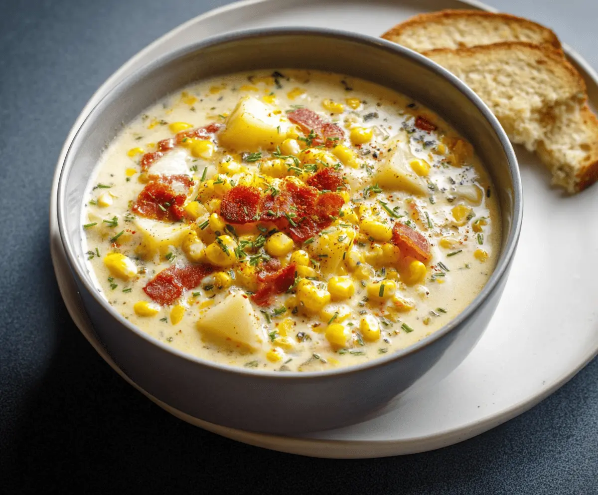 Creamy corn chowder in a bowl garnished with fresh herbs and crispy bacon, served with crusty bread on a rustic wooden table.