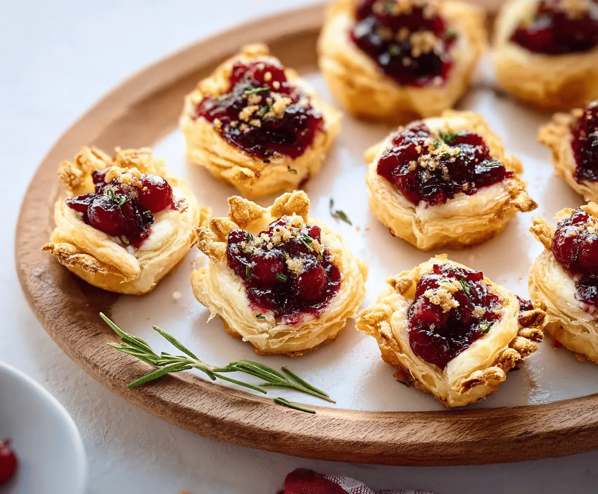 Delicious Cranberry Brie Bites with creamy Brie cheese topped with fresh cranberries and herbs, perfect for appetizers or festive gatherings.