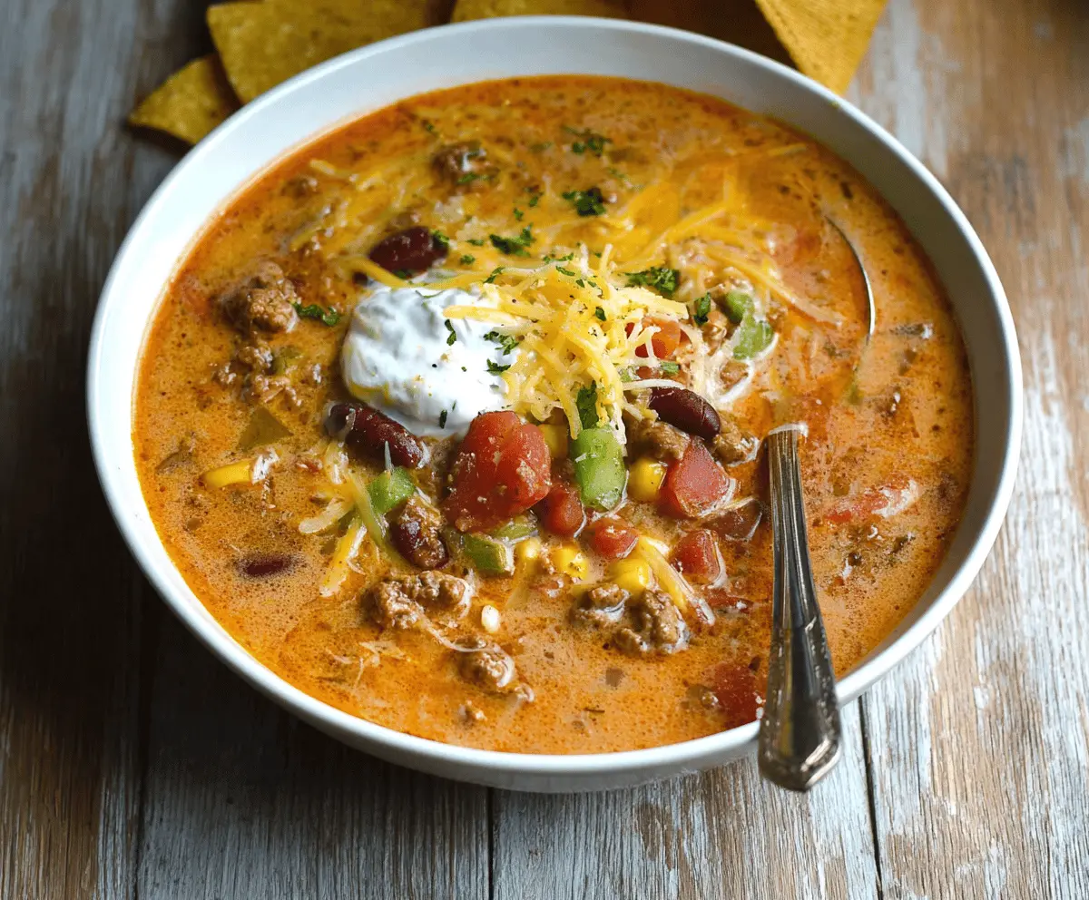 Creamy Beef Taco Soup in a bowl topped with shredded cheese, fresh cilantro, and diced tomatoes, served with tortilla chips on the side