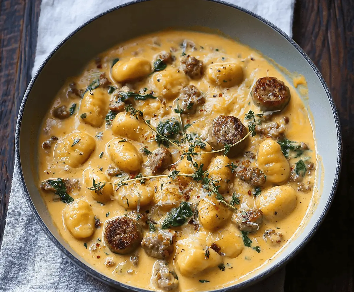Creamy butternut squash gnocchi with sausage, garnished with fresh herbs, served on a white plate