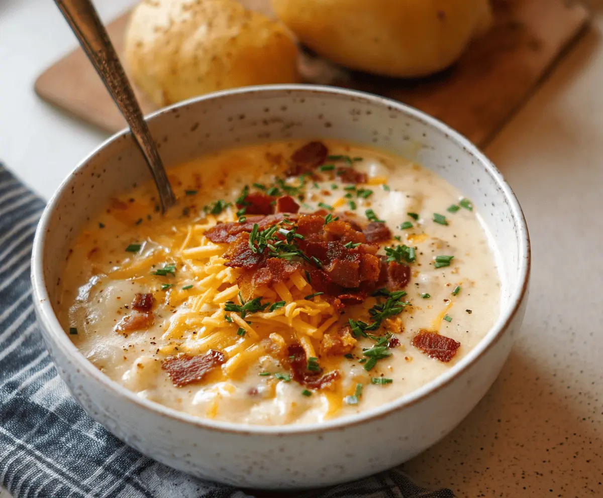 Creamy Crock Pot Crack Potato Soup in a bowl with bacon bits and shredded cheese, ready to serve