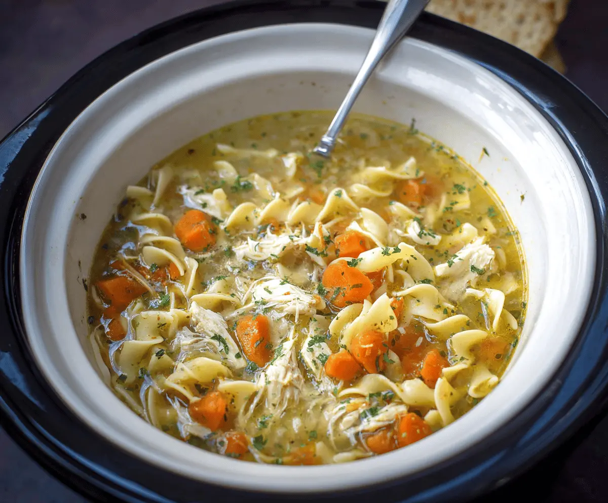 Creamy and comforting Crockpot Chicken Noodle Soup in a bowl with tender chicken, vegetables, and noodles ready to serve