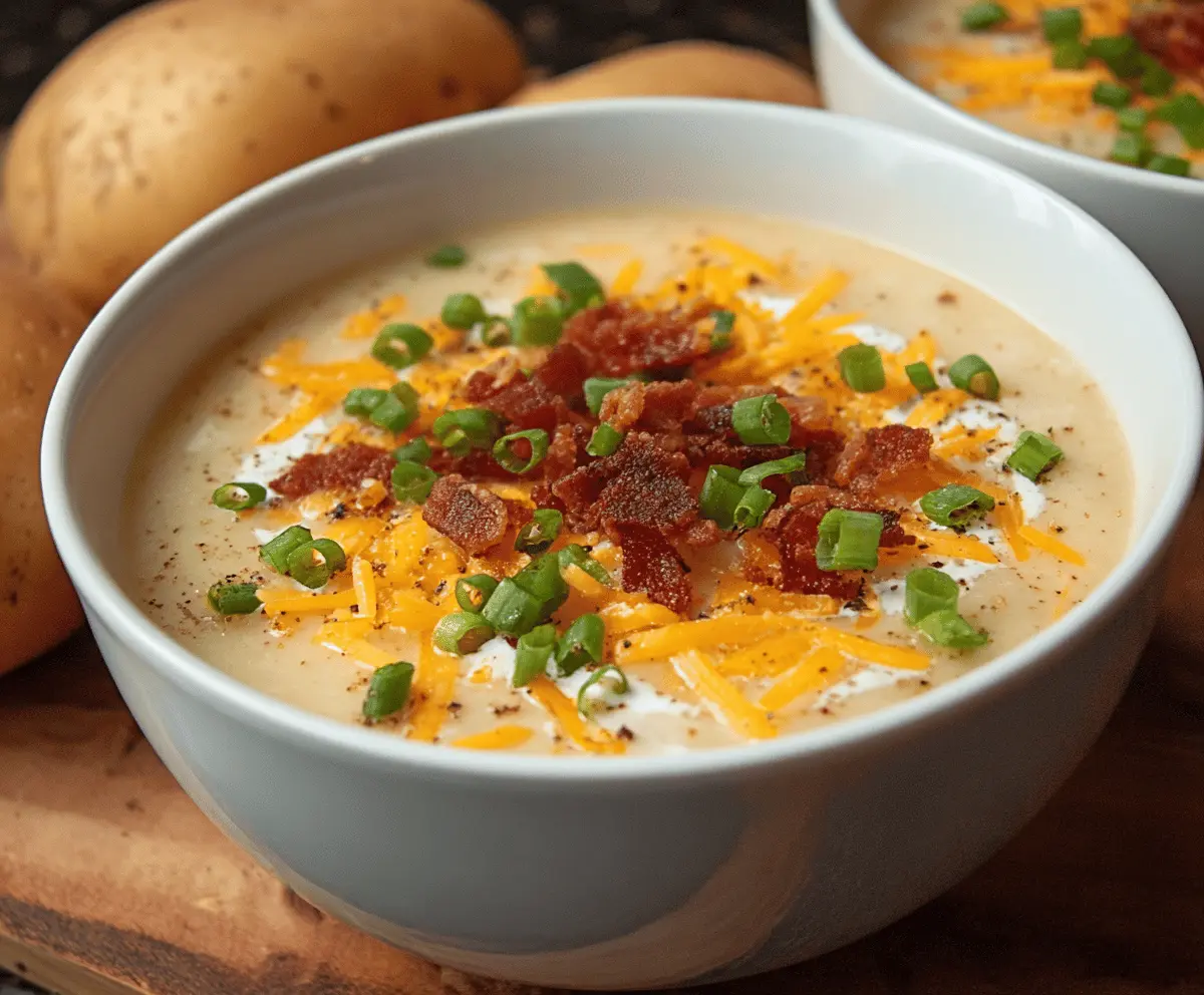 Creamy and hearty Crockpot Potato Soup served in a bowl, garnished with chopped herbs and cheese, perfect for a comforting meal.