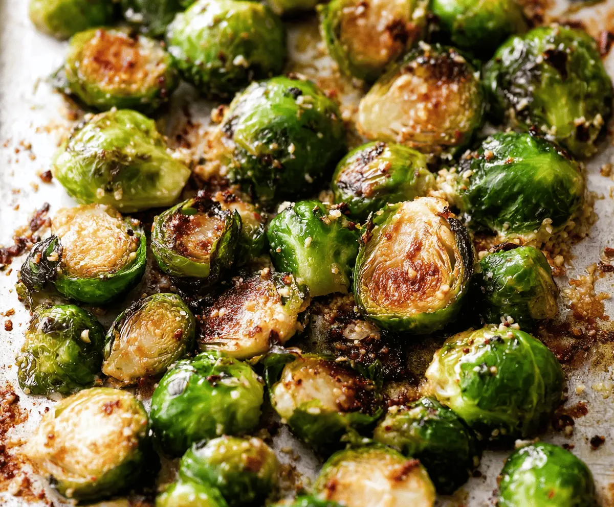Golden roasted Brussels sprouts drizzled with garlic butter, garnished with fresh herbs, and served on a white plate for a delicious garlic butter roasted Brussels sprouts recipe.
