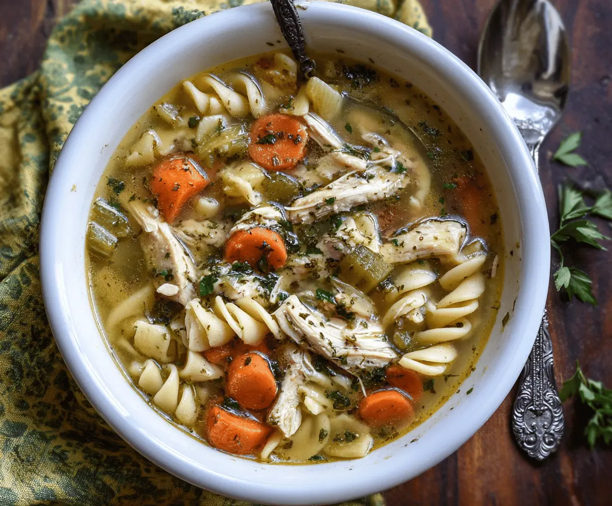 A bowl of savory garlic herb chicken noodle soup garnished with fresh herbs, showcasing tender chicken, noodles, and vegetables in a flavorful broth.