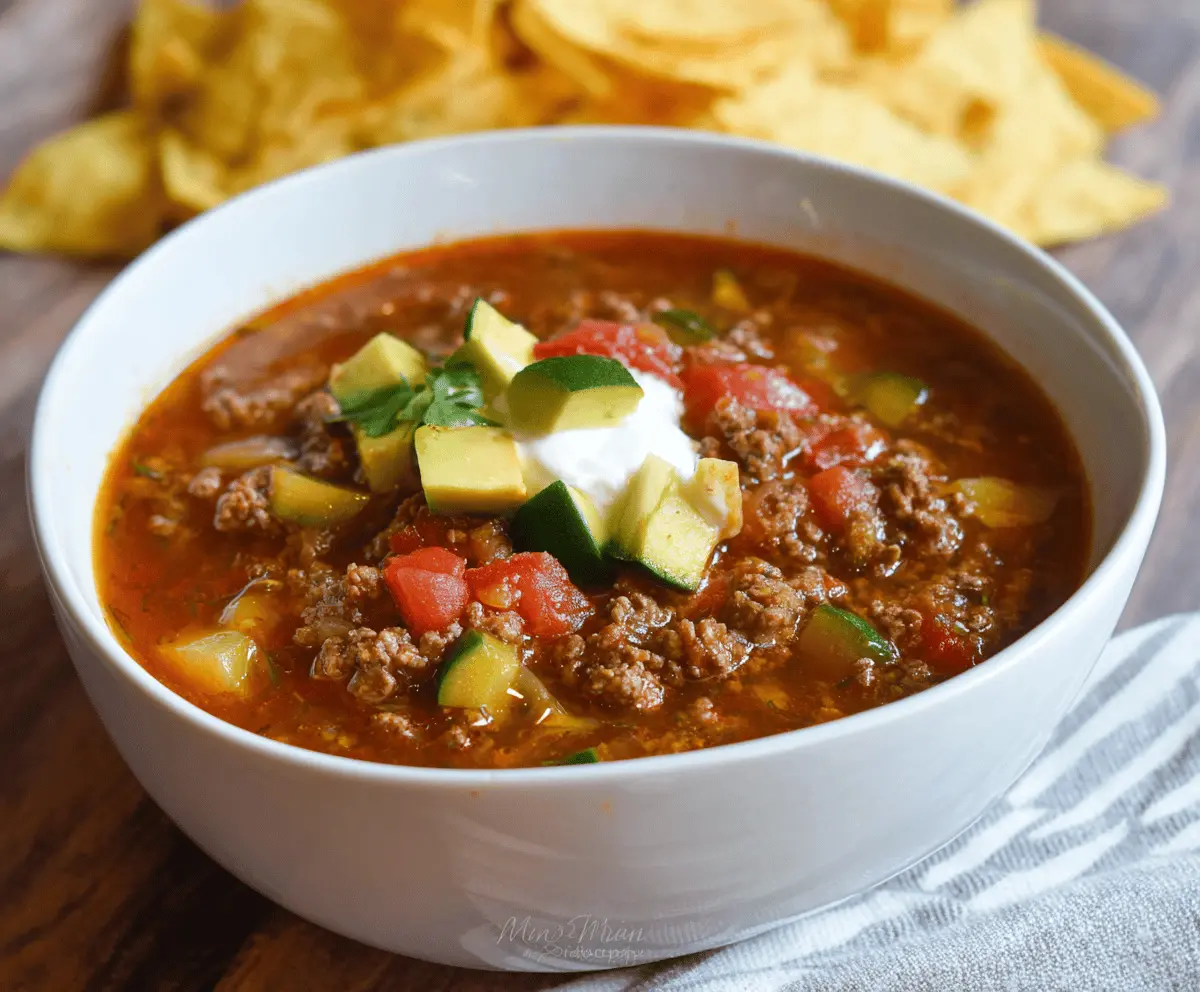 A bowl of hearty gluten-free taco soup topped with shredded cheese, fresh cilantro, and sliced jalapenos, served with tortilla chips on the side.