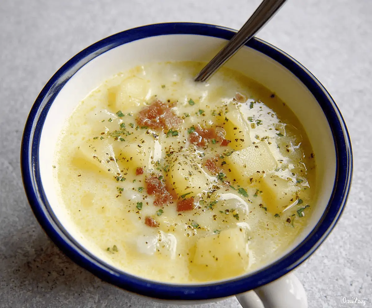 A bowl of comforting homemade Grandma's Potato Soup garnished with fresh herbs, served with crusty bread on a rustic wooden table.