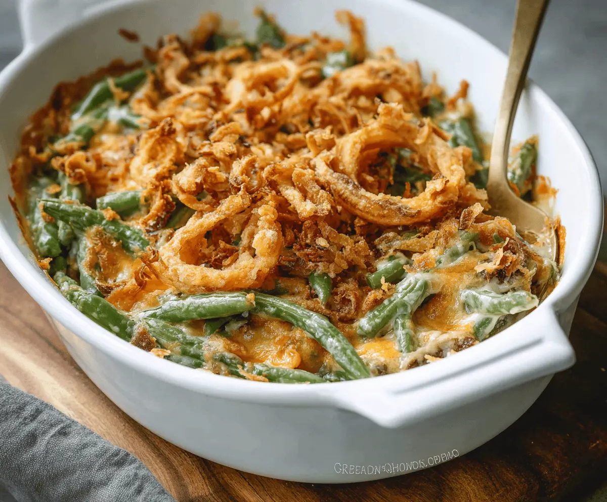 Delicious homemade green bean casserole topped with crispy fried onions, perfect for holiday dinners and family gatherings.