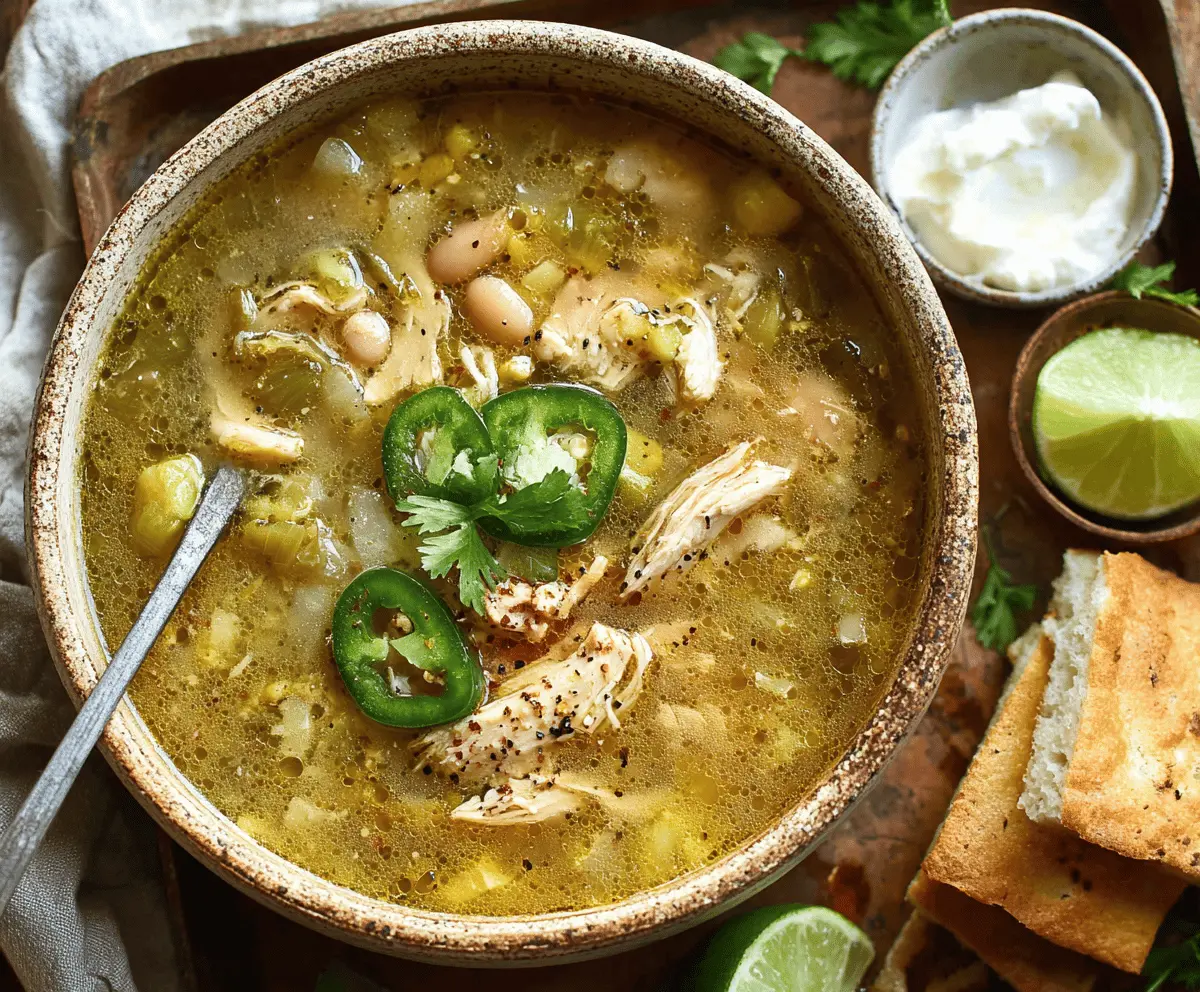 Creamy Green Chile Chicken Soup with shredded chicken, melted cheese, and fresh cilantro served in a bowl, perfect for a comforting meal