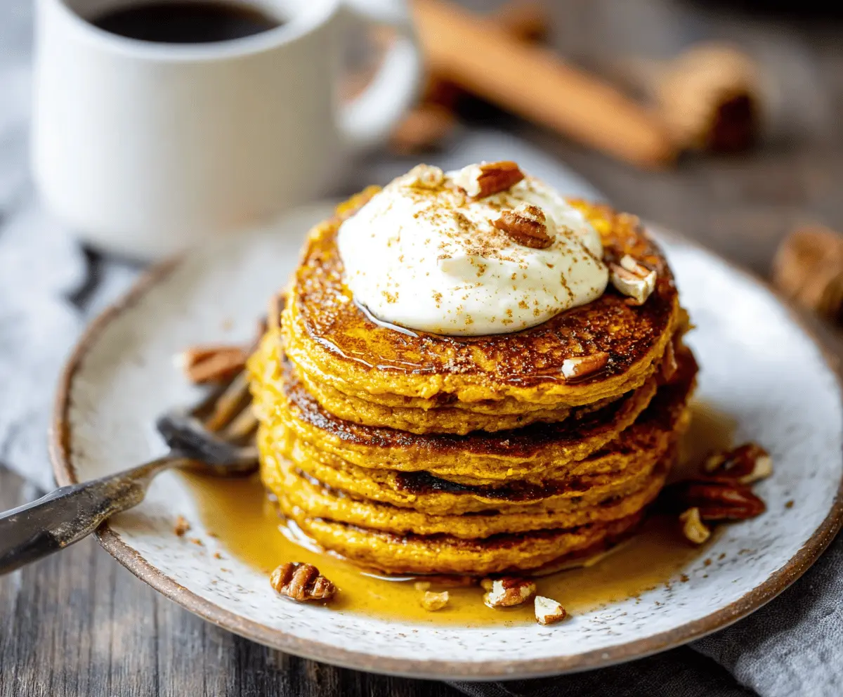 Fluffy healthy pumpkin pancakes topped with cinnamon and maple syrup on a plate, garnished with fresh berries and a sprig of mint.