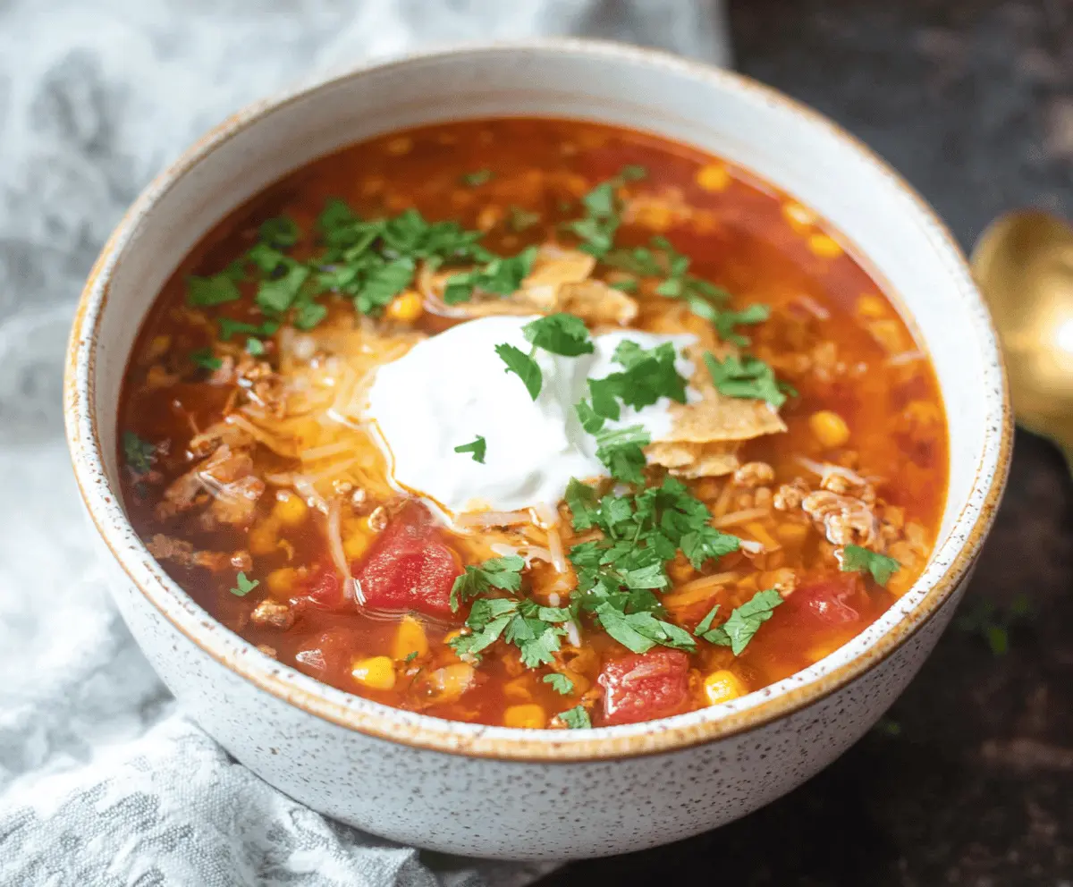 Creamy Instant Pot Loaded Taco Soup with ground beef, black beans, corn, tomatoes, and melted cheese in a bowl