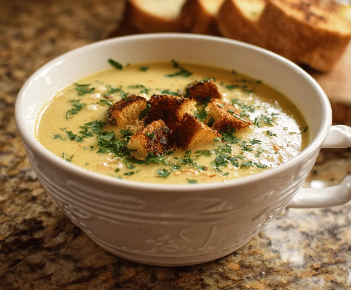 A steaming bowl of Italian Garlic Soup garnished with fresh herbs and crusty bread on the side, showcasing a flavorful, savory garlic-based soup perfect for comforting meals.