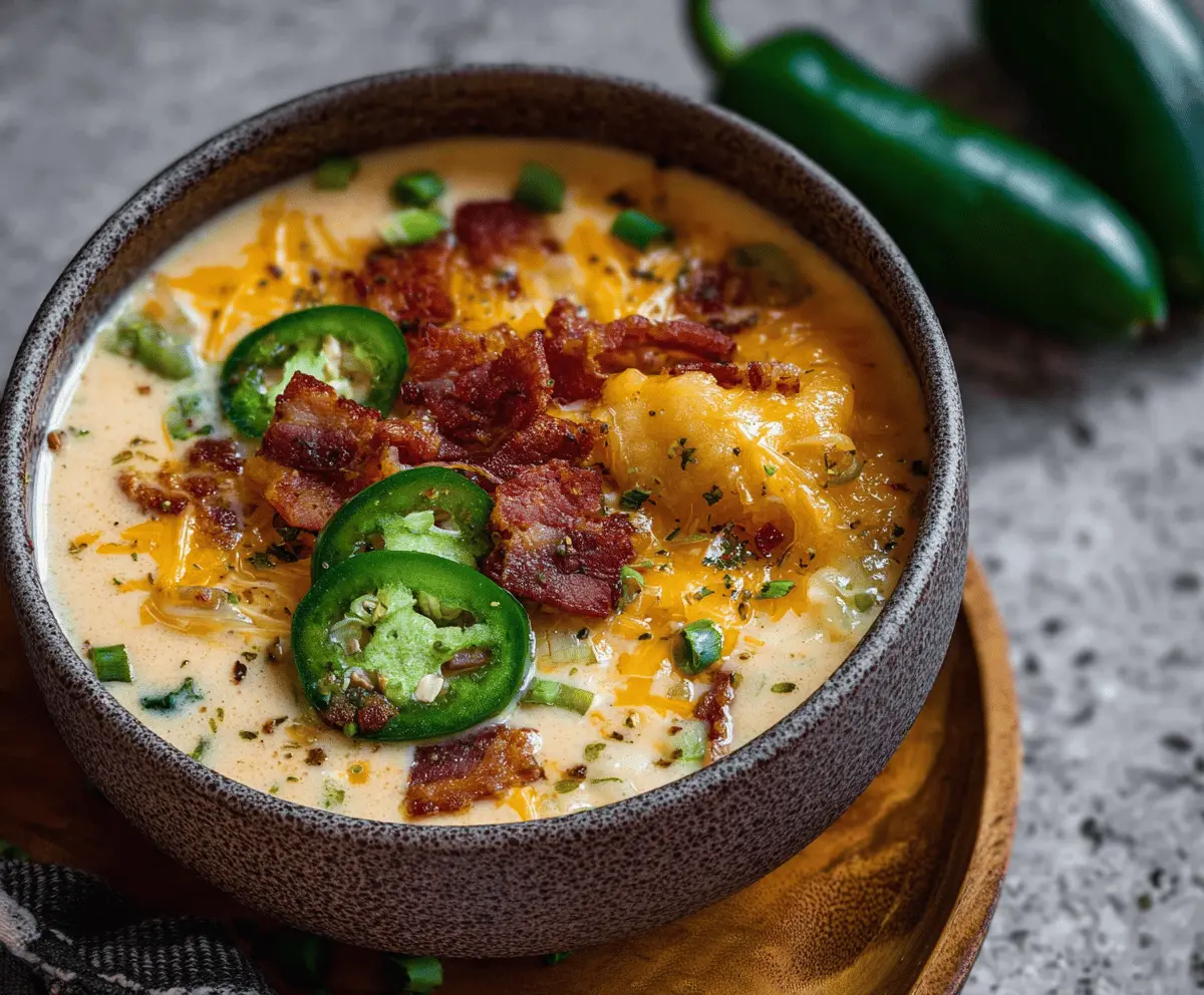Creamy jalapeno popper soup garnished with shredded cheese and chopped green onions in a rustic bowl, highlighting a spicy, cheesy appetizer-inspired dish.