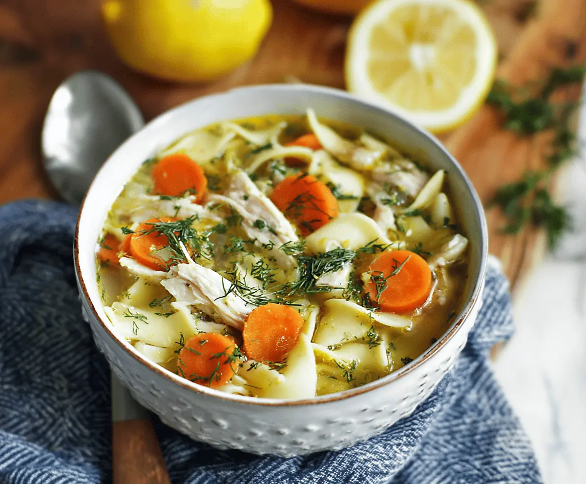 A bowl of Lemon Dill Chicken Noodle Soup garnished with fresh dill and lemon slices, showcasing tender chicken, noodles, and vibrant herbs for a comforting, flavorful meal.