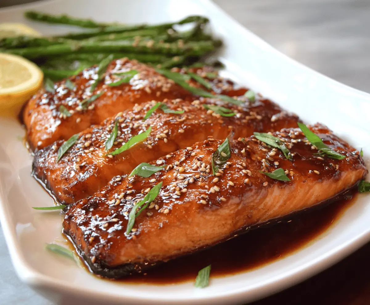 Delicious maple glazed salmon fillet garnished with fresh herbs on a white plate, perfect for a healthy dinner