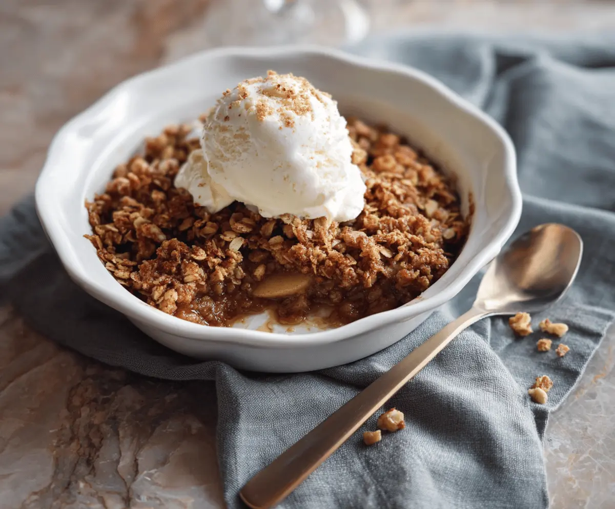 Delicious Maple Walnut Apple Crisp topped with toasted walnuts and drizzled with maple syrup, served in a rustic dish