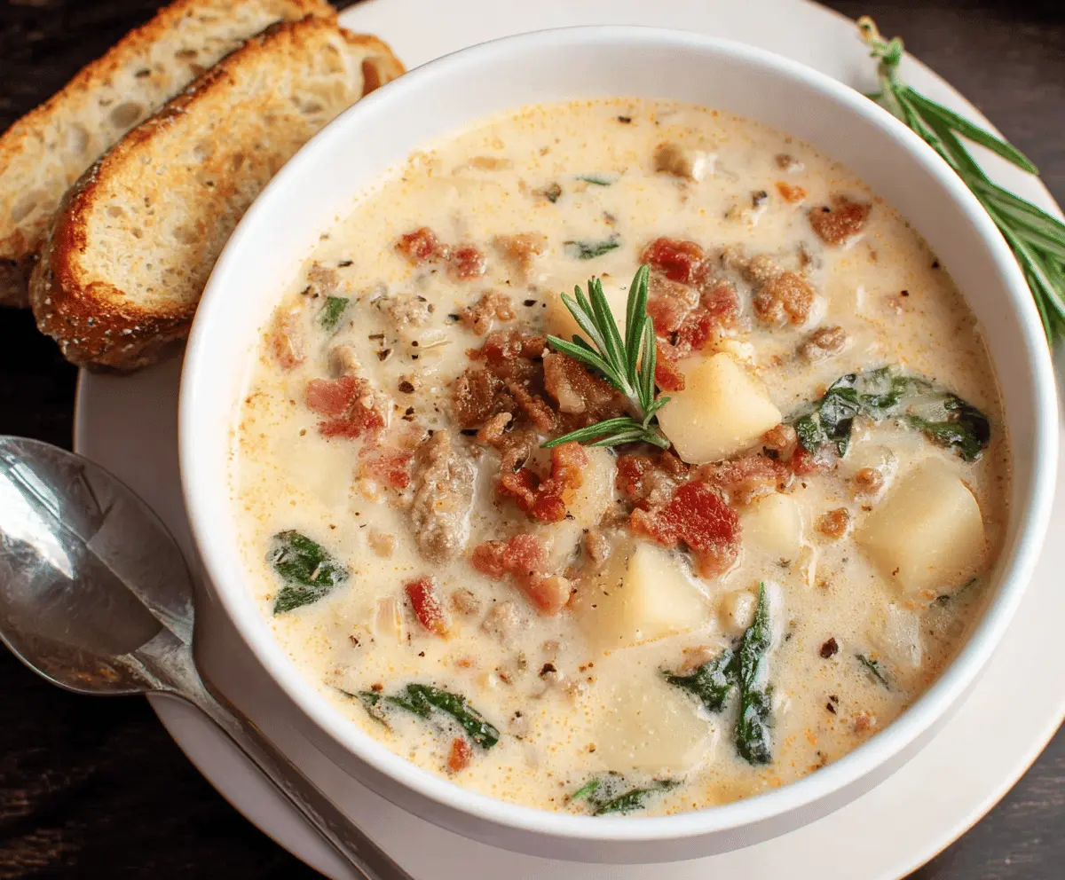 Creamy Olive Garden Potato Soup served in a bowl with fresh herbs and a side of crusty bread, perfect for a comforting meal.