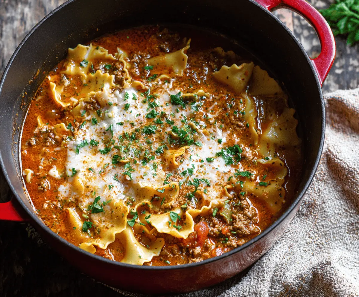Creamy one-pot lasagna soup in a bowl garnished with basil and cheese, featuring layers of pasta, rich broth, and melted cheese for a comforting meal