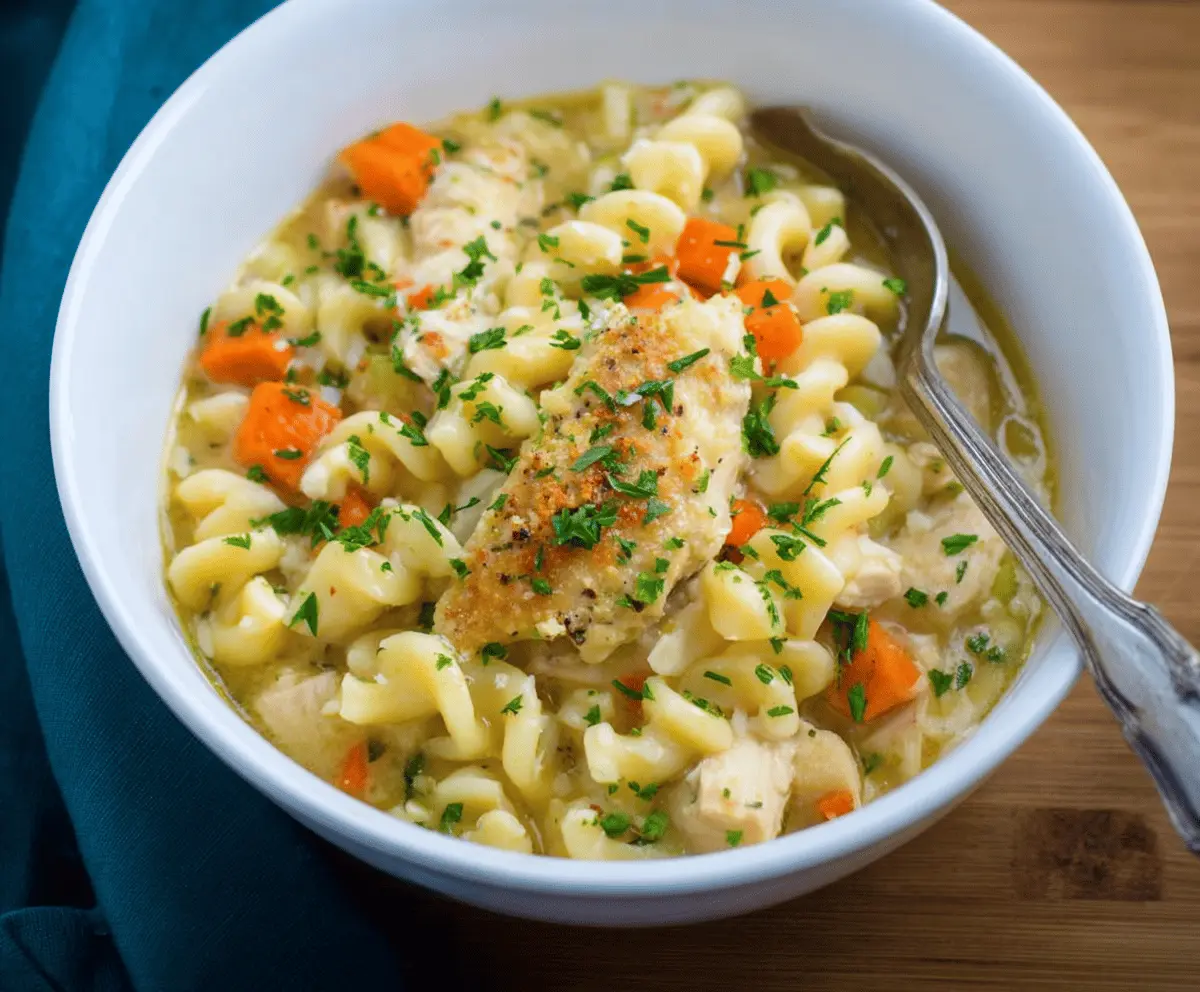 A bowl of steaming Parmesan Chicken Noodle Soup garnished with fresh herbs and grated cheese, showcasing tender chicken, noodles, and a flavorful broth.